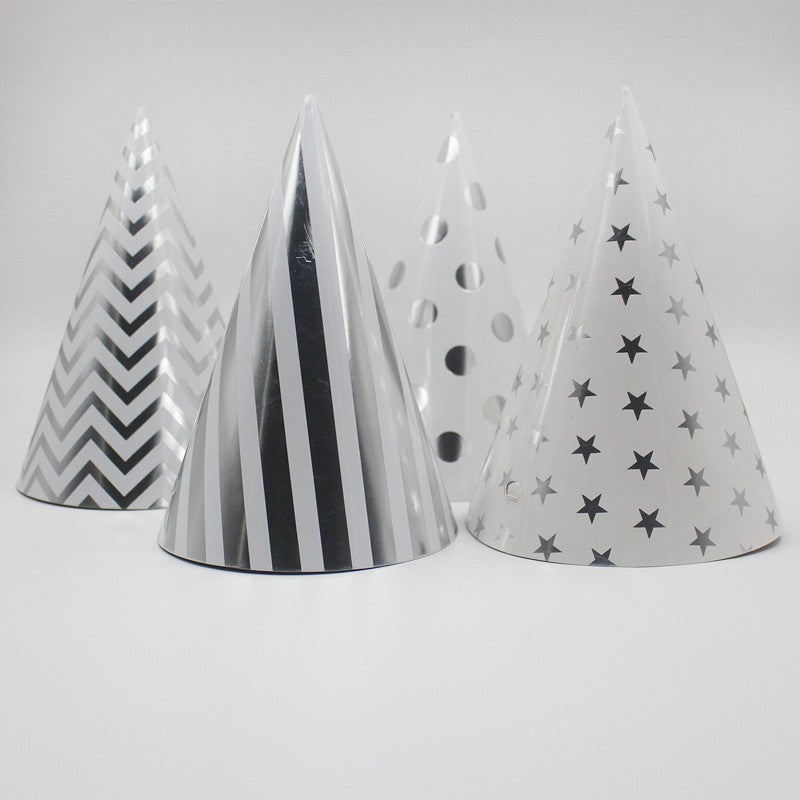 Set 6 Coifuri Metalizate, Vivimall, pentru Petrecere, Tematica Aniversare, Model Buline, 20 cm, Argintiu - vivimall.ro