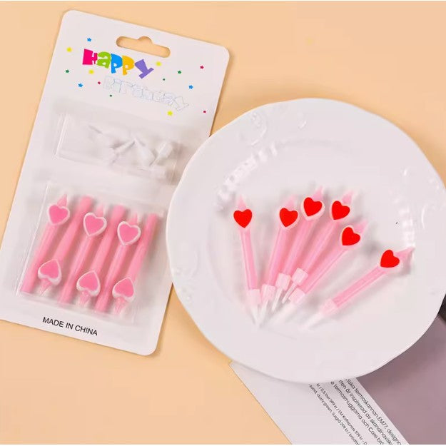 Set 6 Lumanari de Tort, Vivimall, Model Creion cu Inimioare, 5.9 x 1.1 cm, din Ceara, Roz - vivimall.ro