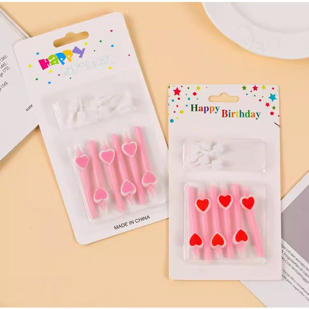 Set 6 Lumanari de Tort, Vivimall, Model Creion cu Inimioare, 5.9 x 1.1 cm, din Ceara, Roz - vivimall.ro