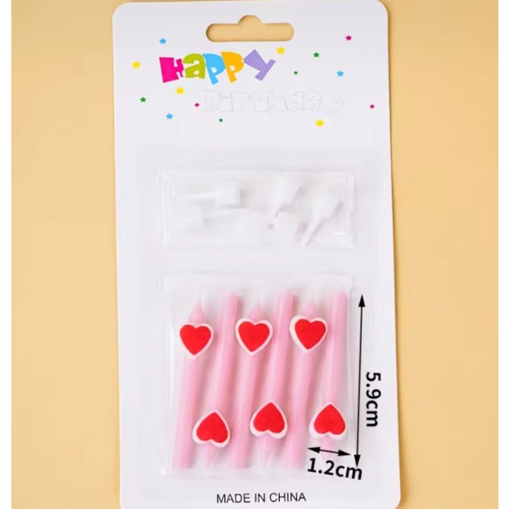 Set 6 Lumanari de Tort, Vivimall, Model Creion cu Inimioare, 5.9 x 1.1 cm, din Ceara, Roz - vivimall.ro