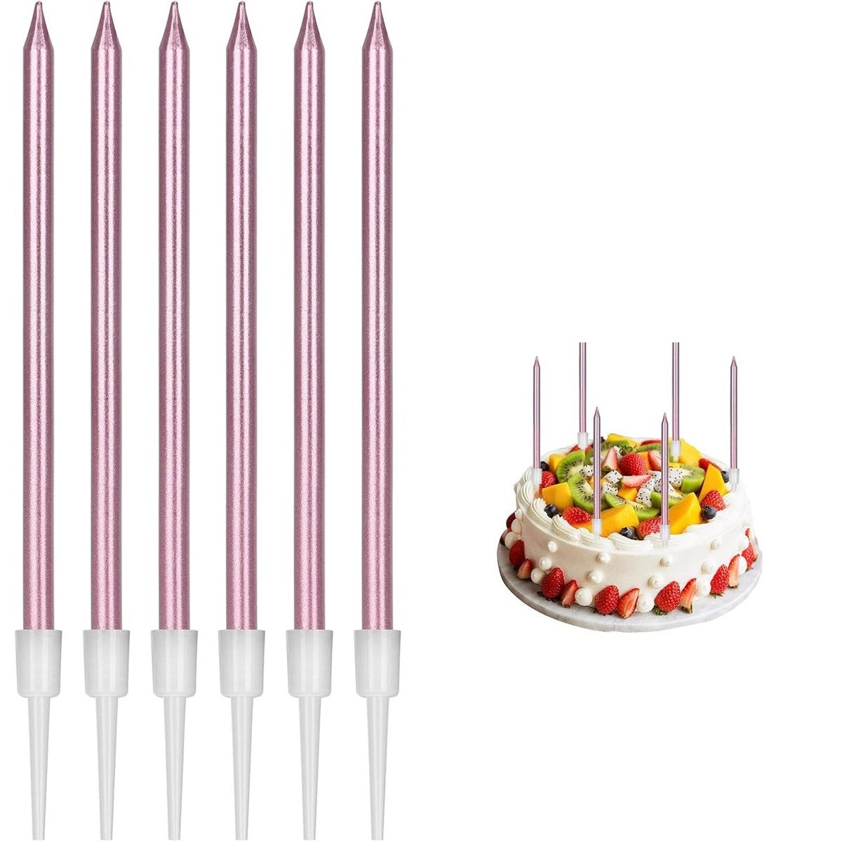 Set 6 Lumanari de Tort, Vivimall, din Parafina, 11 x 0.4 cm, Lucioase, Roz Auriu - vivimall.ro