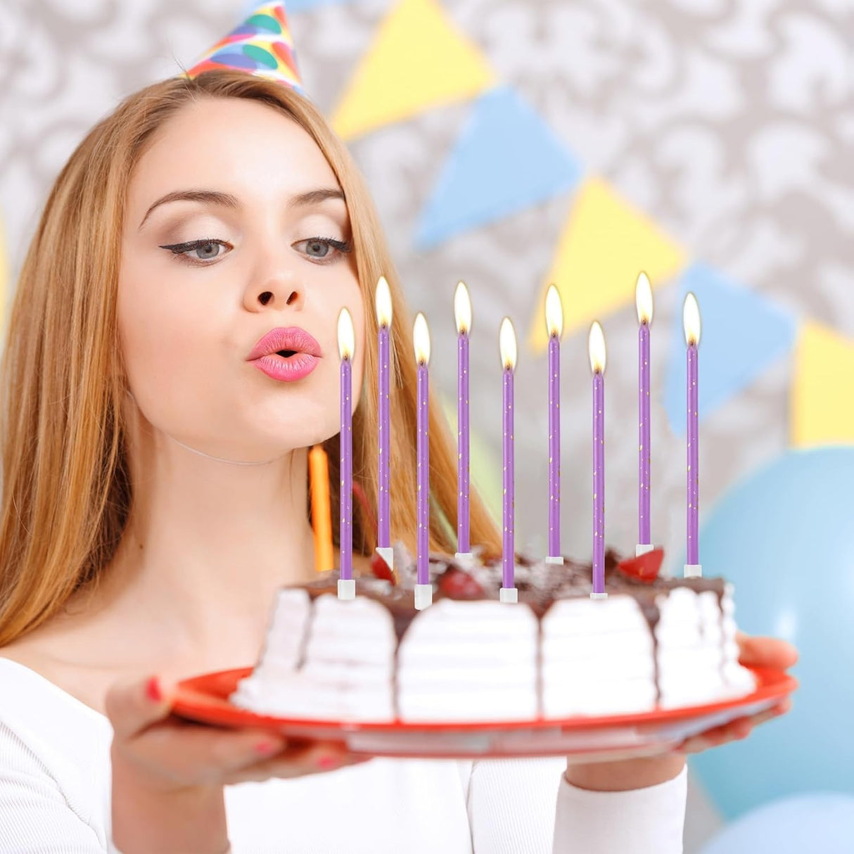 Set 6 Lumanari Lungi, Vivimall, din Parafina, 10 x 0.5 cm, Happy Birthday, Mov - vivimall.ro