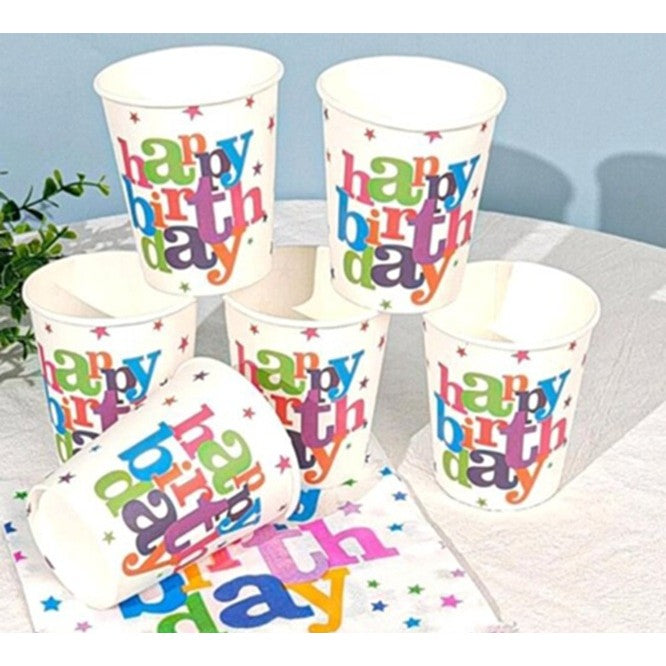 Set 6 Pahare, Vivimall, Imprimeu Happy Birthday, din Carton, 7.5 x 7.8 cm, Multicolor - vivimall.ro