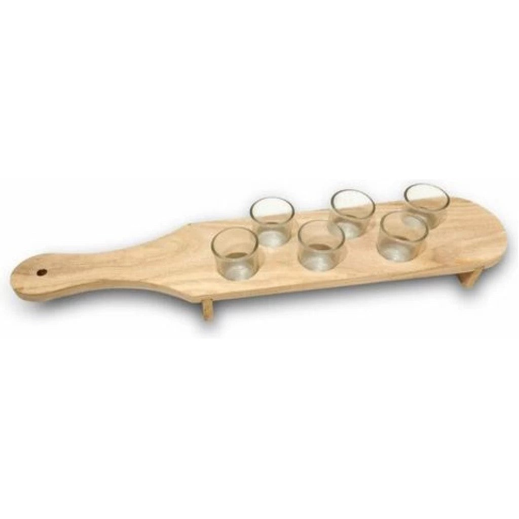 Pahare Shot din Sticla, Vivimall, Set 6 pahare pentru Shot cu Suport din Lemn, Design Rustic, 41 x 8.5 x 6 cm, Model 2, Maro - vivimall.ro