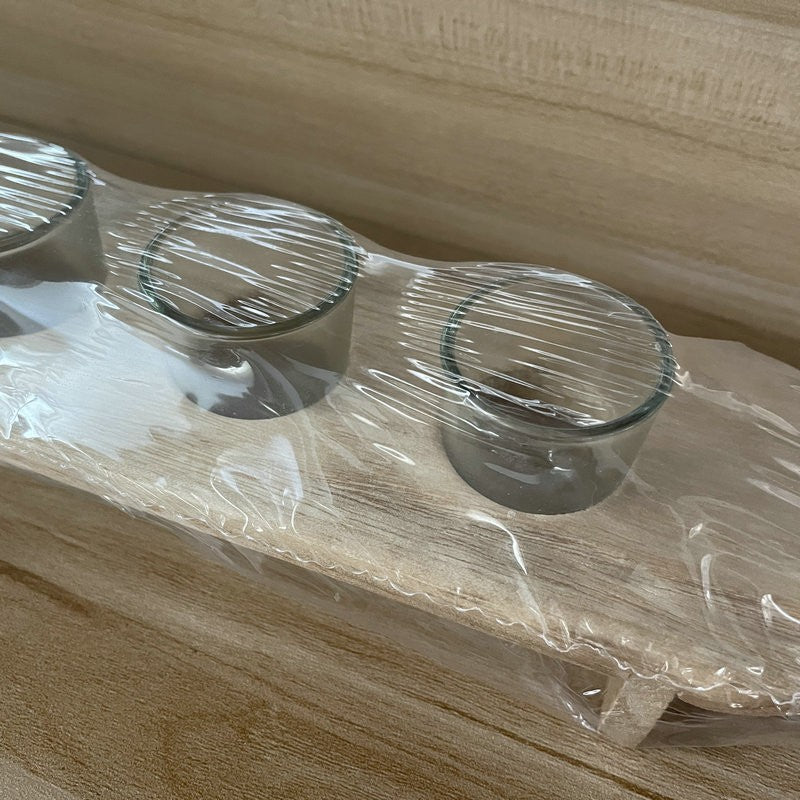 Set 6 Pahare Shot din Sticla Vivimall, cu Suport din Lemn, Design Rustic, 49.5 x 7 x 6.5 cm, Maro - vivimall.ro