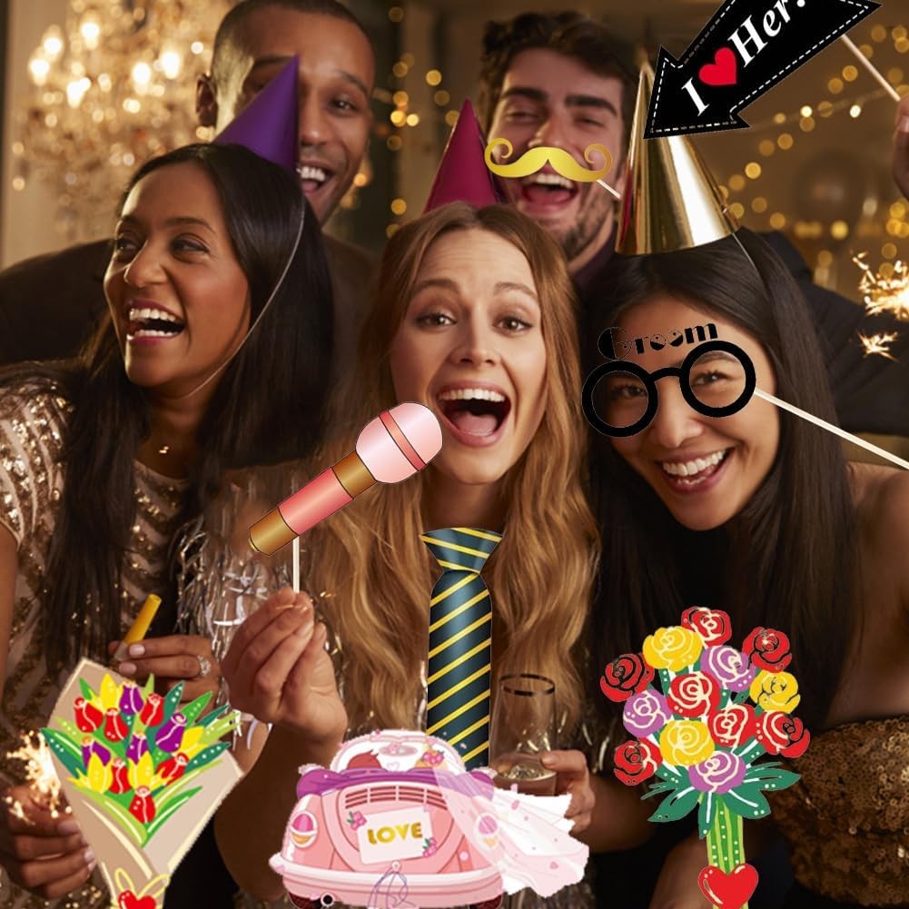 Set 60 de Accesorii pentru Petrecere, Vivimall, Tematica Nunta, Props pentru Coltul de Poze, Ochelari, Palarii, Mustata, Cravata, pentru Evenimente, Multicolor - vivimall.ro