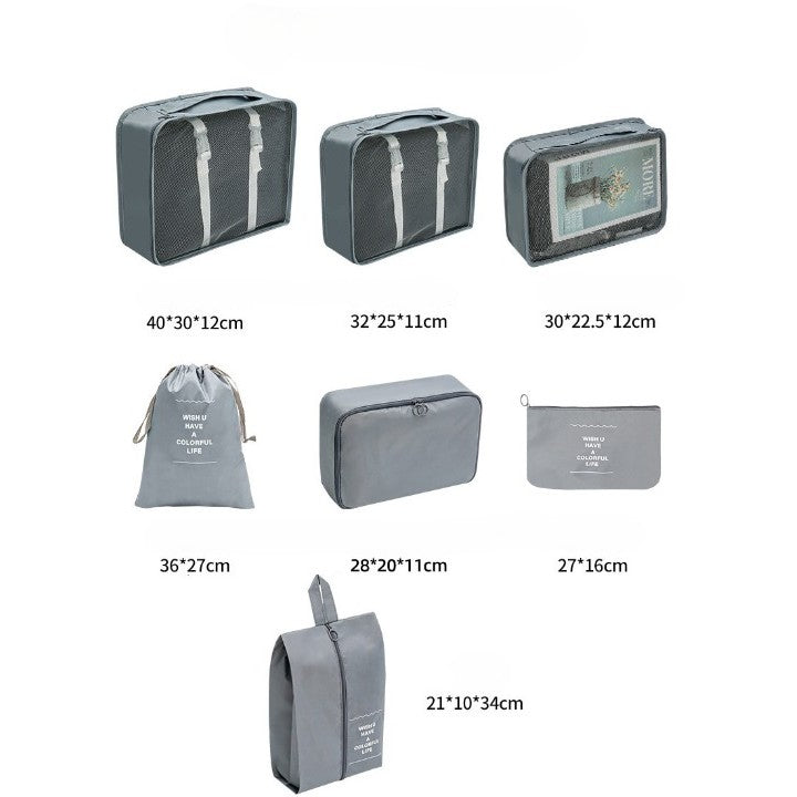Set 7 Genti de Calatorie, Vivimall, pentru Depozitare, Compresibile, 7 Dimensiuni, Impermeabile, Design cu Plasa, Pliabile, Manere Robuste, Fermoar dublu, Gri - vivimall.ro