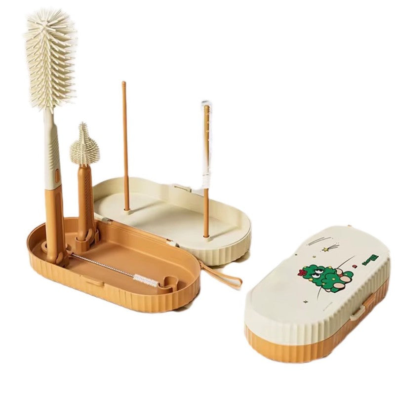 Set 7 Piese de Spalat/Uscat Biberoane, Vivimall, Portabil, Peri de Silicon, pentru Tetine, Suzete, Biberoane, Paie, Cutie Inclusa, 20 x 9.5 cm, Portocaliu - vivimall.ro