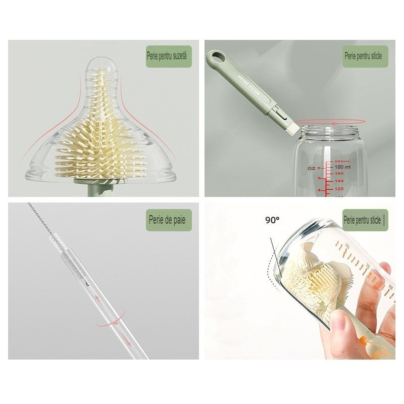 Set 7 Piese de Spalat/Uscat Biberoane, Vivimall, Portabil, Peri de Silicon, pentru Tetine, Suzete, Biberoane, Paie, Cutie Inclusa, 20 x 9.5 cm, Portocaliu - vivimall.ro