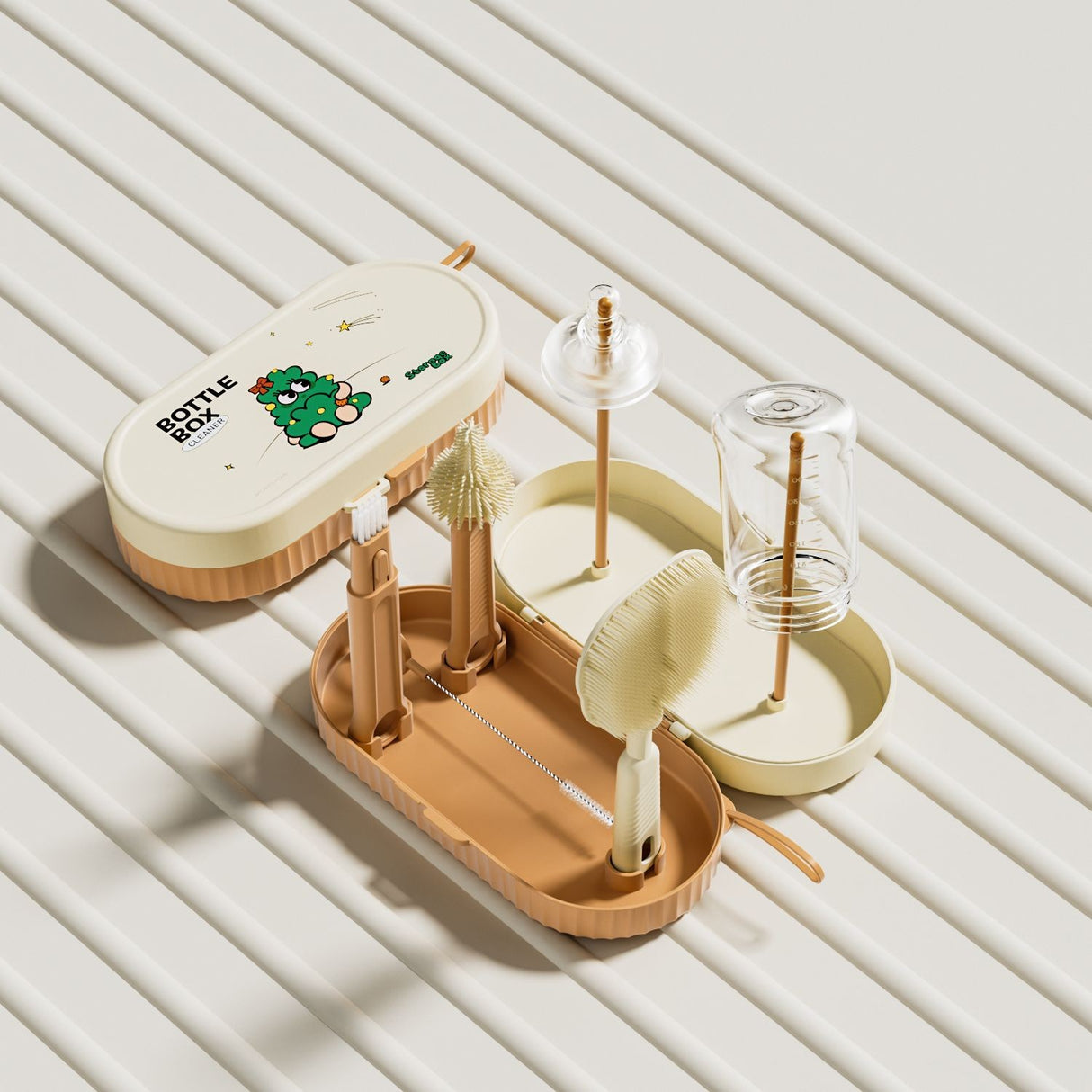 Set 7 Piese de Spalat/Uscat Biberoane, Vivimall, Portabil, Peri de Silicon, pentru Tetine, Suzete, Biberoane, Paie, Cutie Inclusa, 20 x 9.5 cm, Portocaliu - vivimall.ro