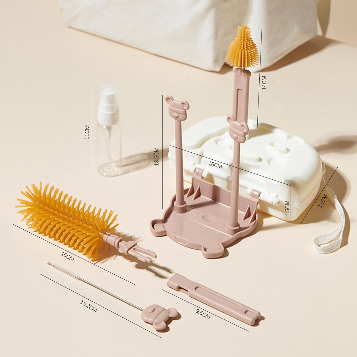 Set 7 Piese de Spalat/Uscat Biberoane, Vivimall, Portabil, Peri de Silicon, pentru Tetine, Suzete, Biberoane, Paie, Cutie Inclusa, 16 x 11 x 5 cm, Model Ursulet, Maro - vivimall.ro