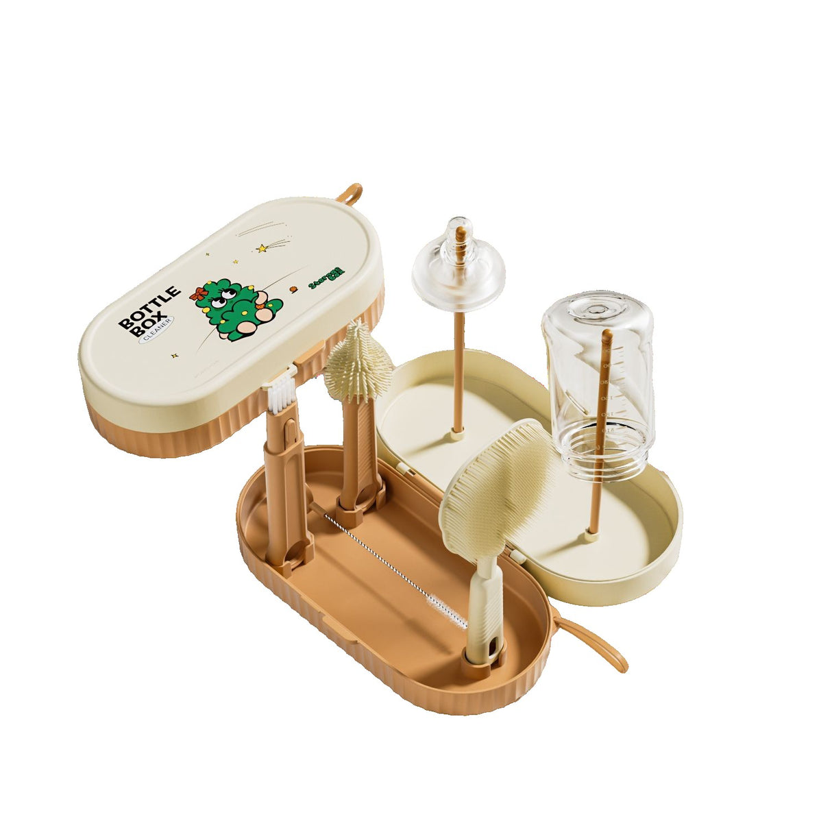 Set 7 Piese de Spalat/Uscat Biberoane, Vivimall, Portabil, Peri de Silicon, pentru Tetine, Suzete, Biberoane, Paie, Cutie Inclusa, 20 x 9.5 cm, Portocaliu - vivimall.ro