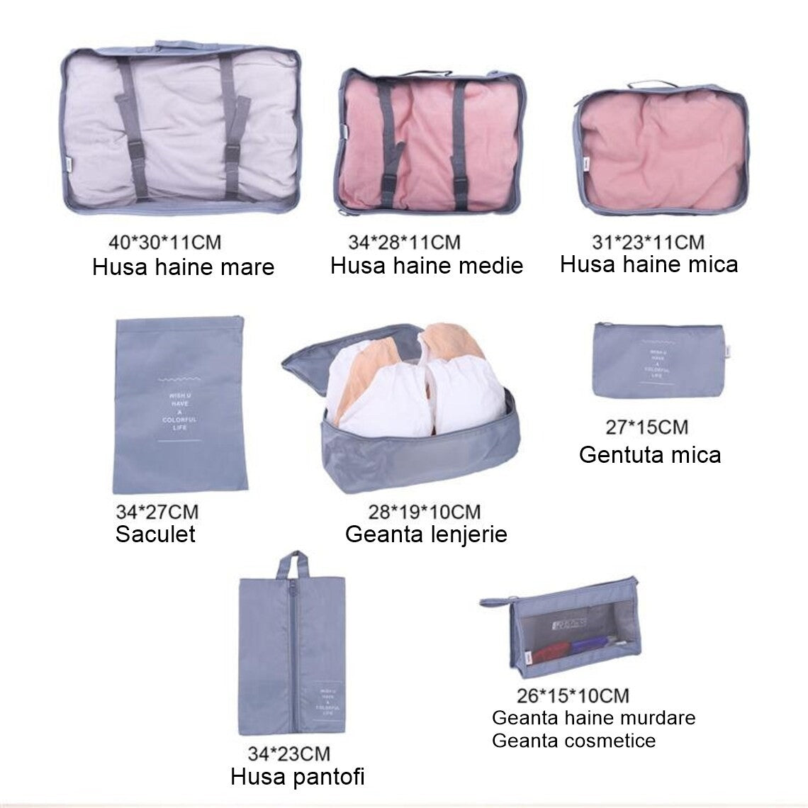Set 8 Huse Organizare Bagaj, Material Poliester, Impermeabil, Cu Fermoar, Pentru Calatorii Sau Dulap, Sac Pentru Pantofi Inclus, Pliabil, Gri - vivimall.ro