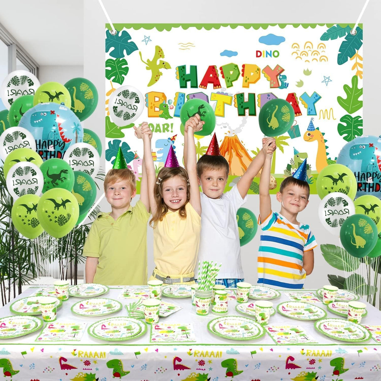 Set 9 Accesorii de Masa, Vivimall, Colectia Dino Park, 82 Piese, din Carton/Plastic/Hartie, Multicolor - vivimall.ro