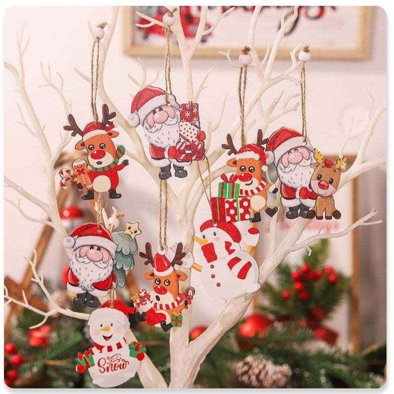 Set 9 Decoratiuni de Craciun din Lemn, Vivimall, cu Snur pentru Agatare in Brad, 3 Modele, Model Mos Craciun cu Brad, Ren si Cadouri, Diferite Dimensiuni, Multicolor - vivimall.ro