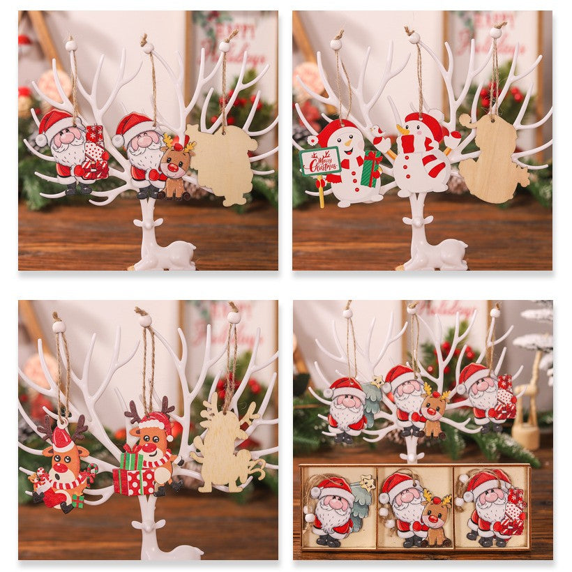 Set 9 Decoratiuni de Craciun din Lemn, Vivimall, cu Snur pentru Agatare in Brad, 3 Modele, Model Mos Craciun cu Brad, Ren si Cadouri, Diferite Dimensiuni, Multicolor - vivimall.ro