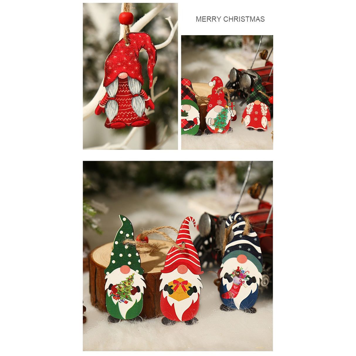 Set 9 Decoratiuni de Craciun din Lemn, Vivimall, cu Snur pentru Agatare in Brad, 3 Modele Mos Craciun Diferite Dimensiuni, Multicolor - vivimall.ro