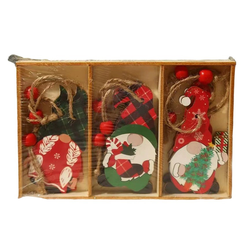 Set 9 Decoratiuni de Craciun din Lemn, Vivimall, cu Snur pentru Agatare in Brad, Model Mos Craciun Pitic Diferite Dimensiuni, 3 Modele, Multicolor - vivimall.ro