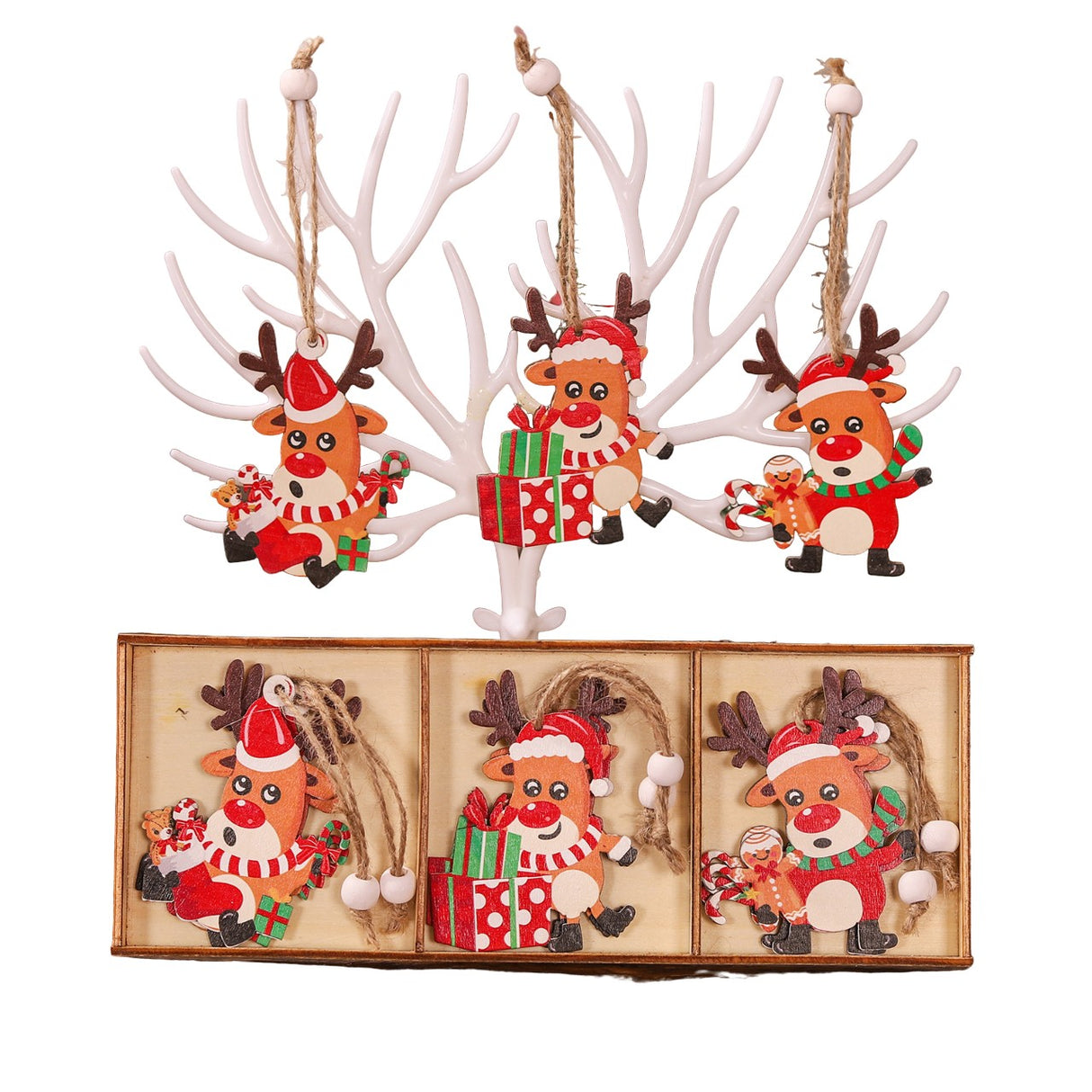 Set 9 Decoratiuni de Craciun din Lemn, Vivimall, cu Snur pentru Agatare in Brad, Model Reni, 3 Modele, Diferite Dimensiuni, Multicolor - vivimall.ro