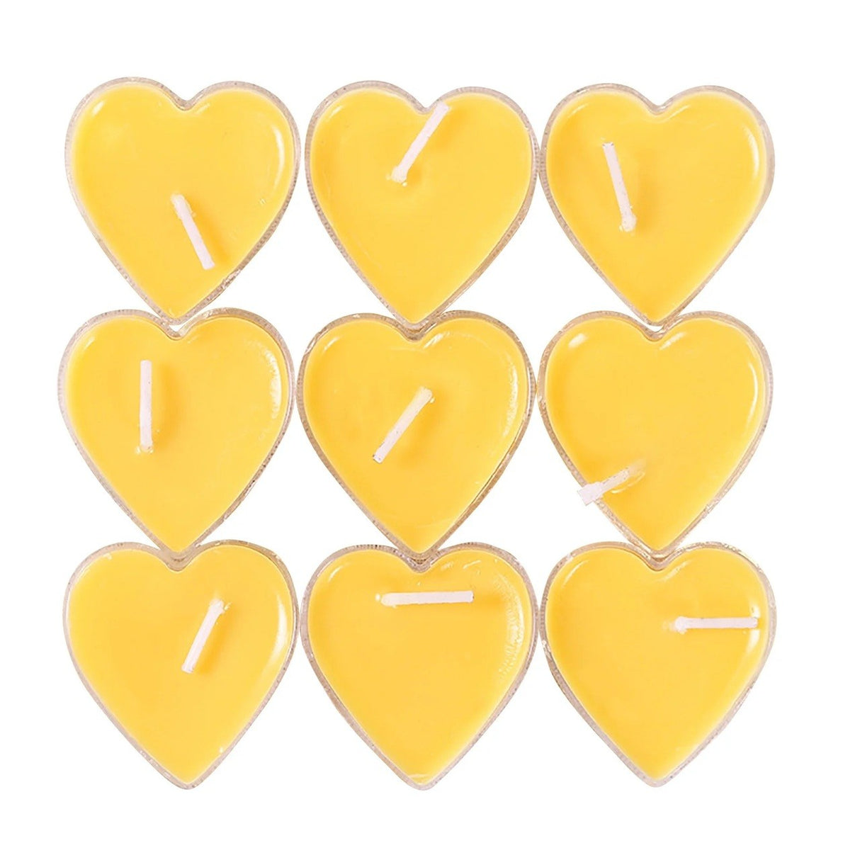 Set 9 Lumanari in Forma de Inima, Vivimall, pentru Ziua Indragostitilor, Aroma de Citrice, Ardere 3.5 h, din Parafina, 4 x 2 cm, Galben - vivimall.ro