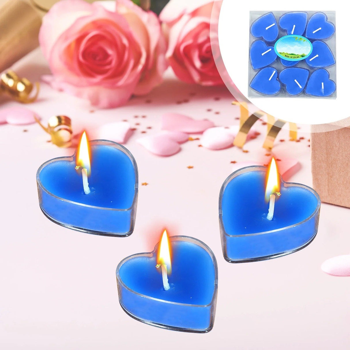 Set 9 Lumanari in Forma de Inima, Vivimall, pentru Ziua Indragostitilor, Aroma Tropicala, Ardere 3.5 h, din Parafina, 4 x 2 cm, Albastru - vivimall.ro
