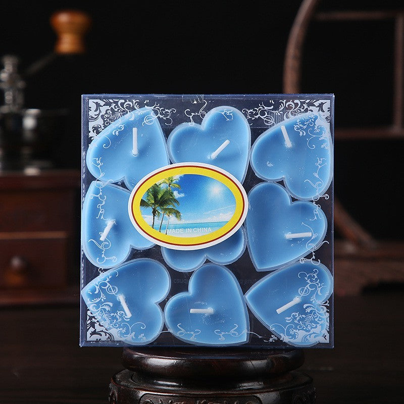 Set 9 Lumanari in Forma de Inima, Vivimall, pentru Ziua Indragostitilor, Aroma Tropicala, Ardere 3.5 h, din Parafina, 4 x 2 cm, Albastru - vivimall.ro