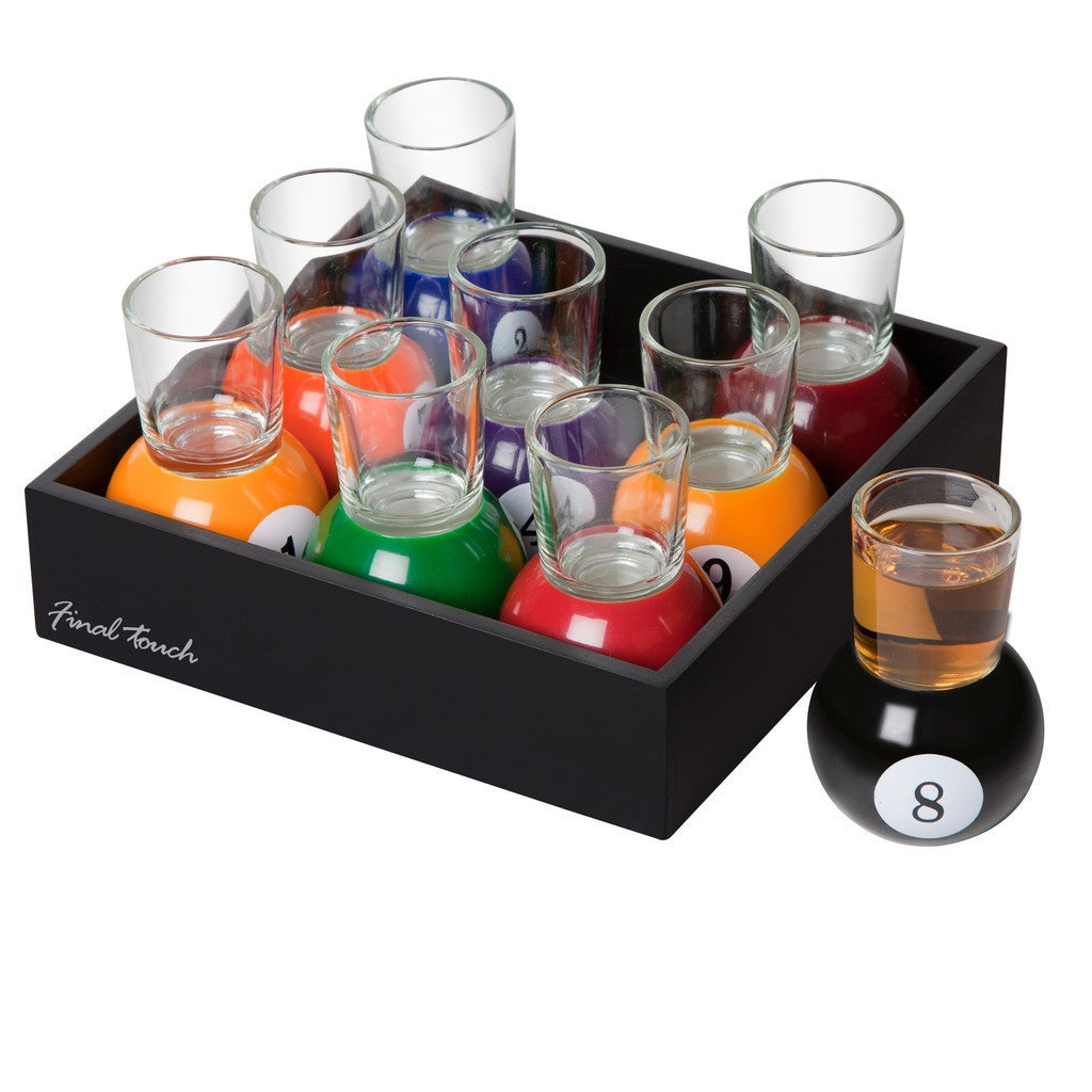 Set 9 pahare de shot Vivimall, cu suport tip bila de biliard, detasabil, 30 ml, din sticla, 17 x 17 x 10 cm, multicolor - vivimall.ro