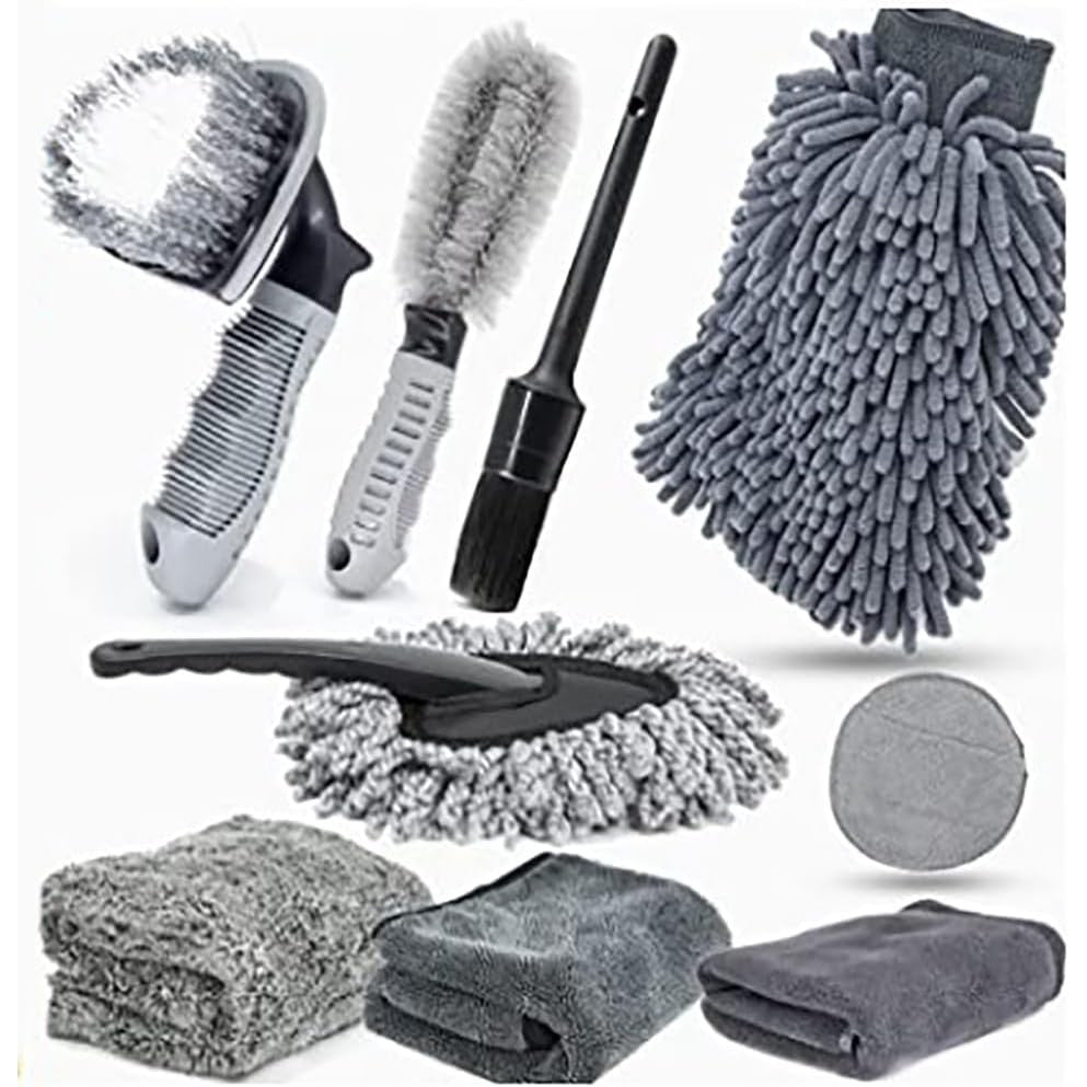 Set 9 Piese pentru Spalat Auto, Vivimall, din Plastic si Microfibra, Perii si Lavete, Model B, Gri - vivimall.ro