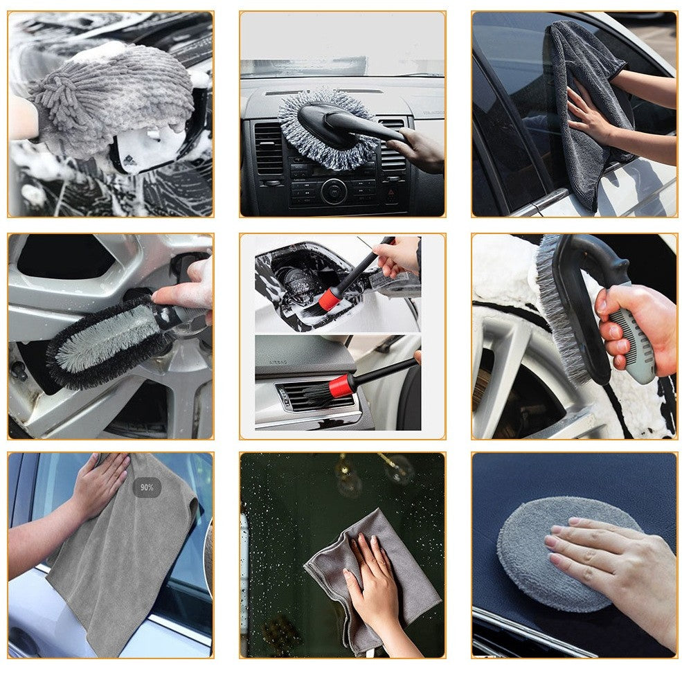 Set 9 Piese pentru Spalat Auto, Vivimall, din Plastic si Microfibra, Perii si Lavete, Model B, Gri - vivimall.ro