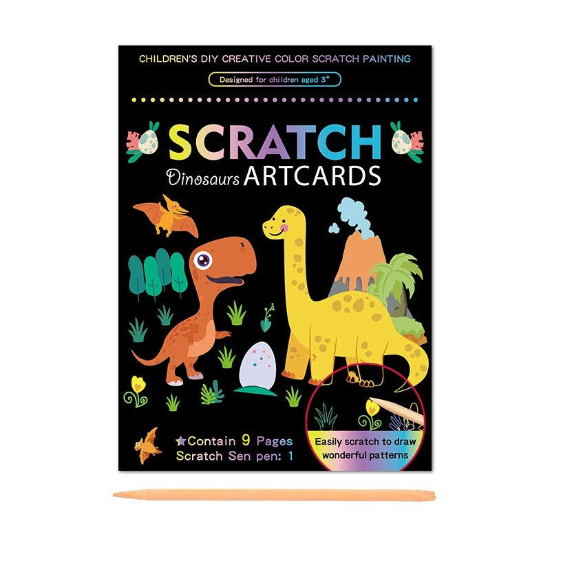 Set 9 Planse Razuibile, Vivimall, Scratch ArtCards, +3 Ani, de Razuit si de Colorat, 19 x 14 cm, Model Dinozauri, Multicolor - vivimall.ro