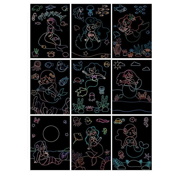 Set 9 Planse Razuibile, Vivimall, Scratch ArtCards, +3 Ani, de Razuit si de Colorat, 19 x 14 cm, Model Sirene, Multicolor - vivimall.ro