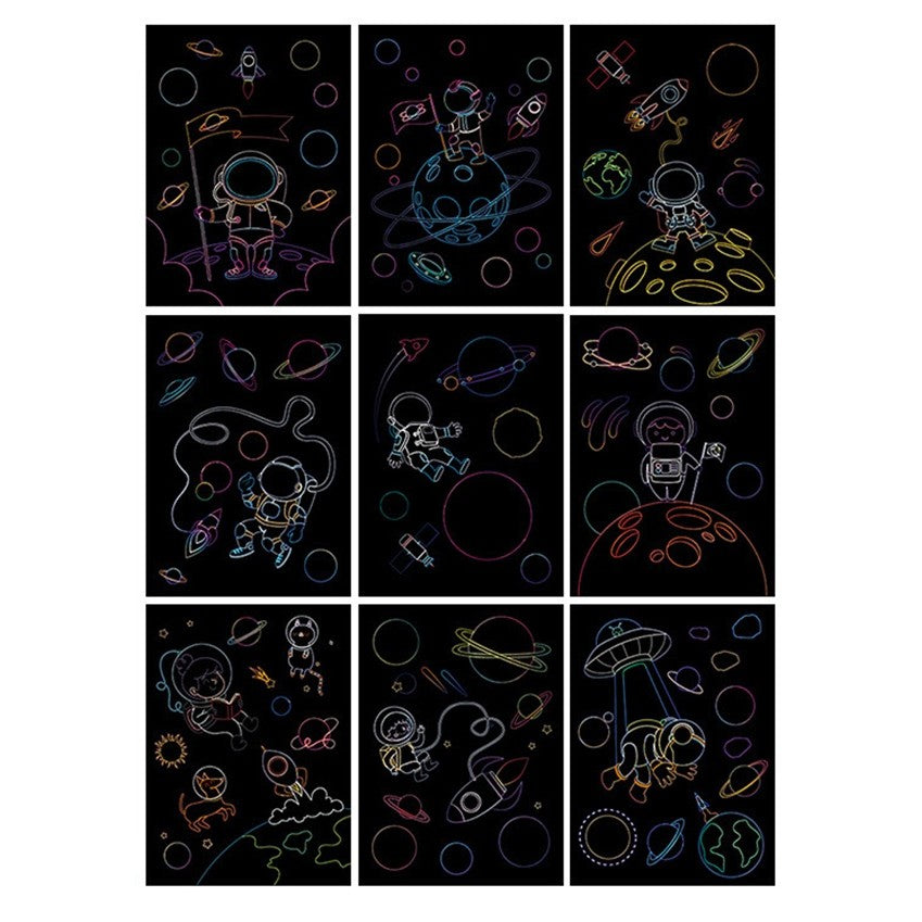 Set 9 Planse Razuibile, Vivimall, Scratch ArtCards, +3 Ani, de Razuit si de Colorat, 19 x 14 cm, Model Spatiu Cosmic, Multicolor - vivimall.ro