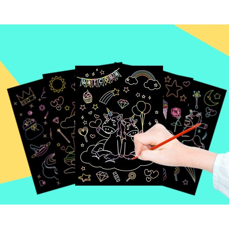 Set 9 Planse Razuibile, Vivimall, Scratch ArtCards, +3 Ani, de Razuit si de Colorat, 19 x 14 cm, Model Spatiu Cosmic, Multicolor - vivimall.ro