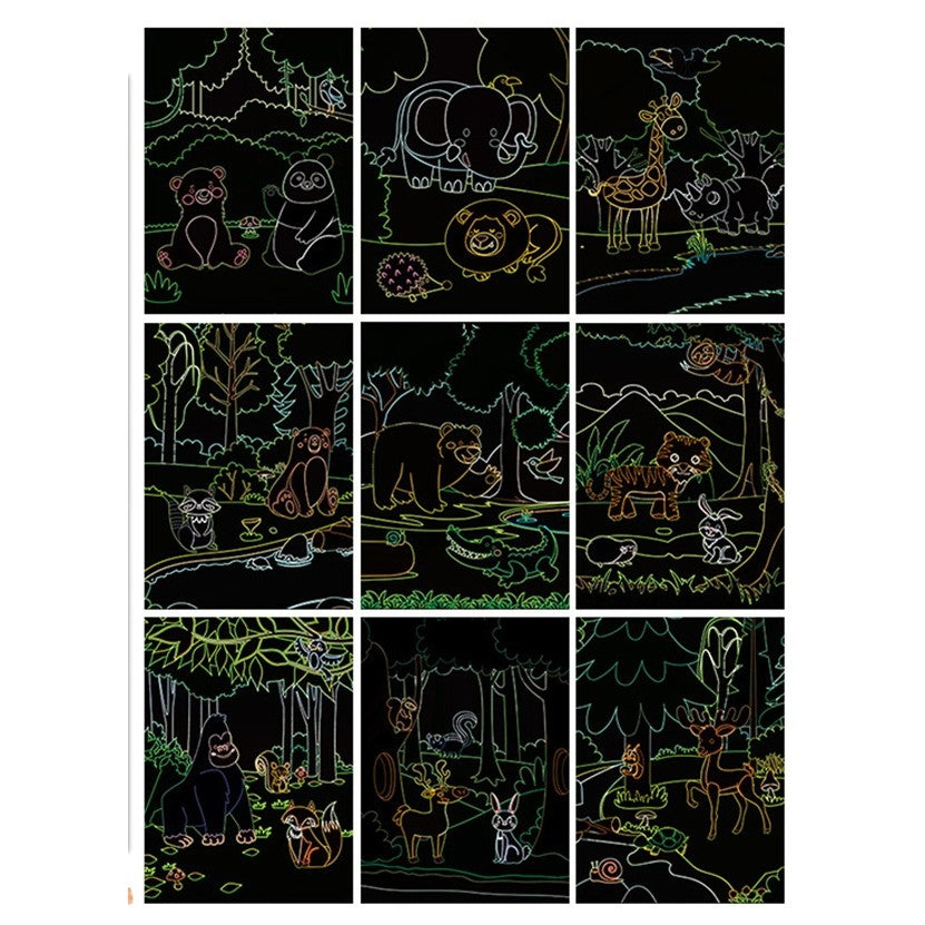 Set 9 Planse Razuibile, Vivimall, Scratch ArtCards, +3 Ani, de Razuit si de Colorat, 19 x 14 cm, Model ZOO, Multicolor - vivimall.ro