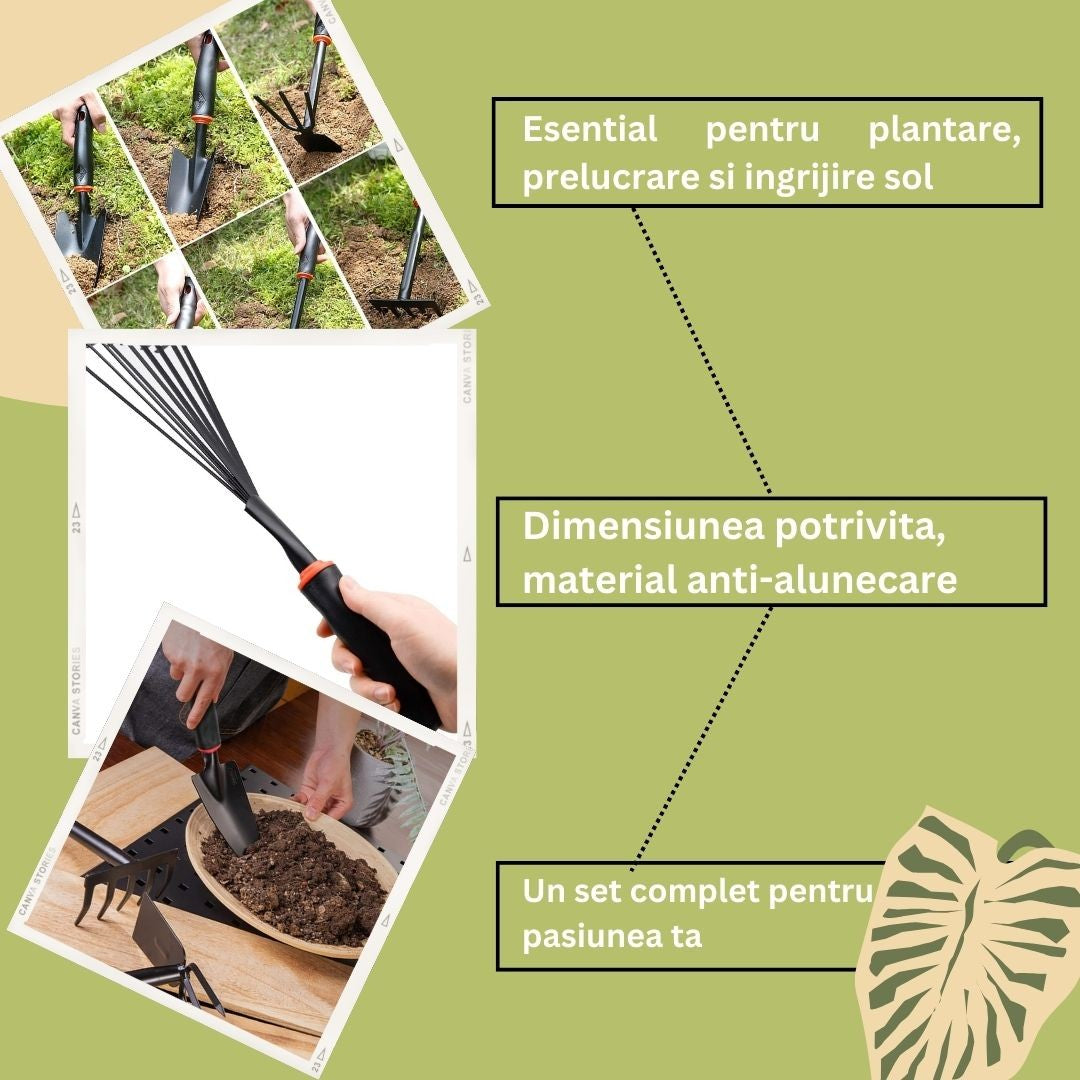 Set 9 Unelte de Gradina Vivimall, pentru Plantare Prelucrare Sol si Ingrijire Plante, Material PVC si cardboard, 25 x 14.5 cm, negru - vivimall.ro