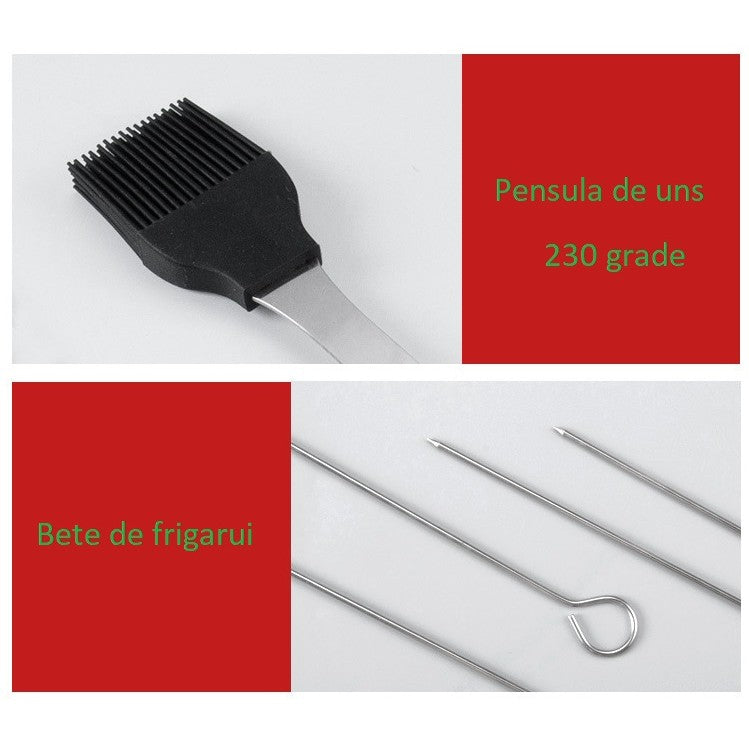 Set ustensile grătar 9 piese Vivimall desfăcut pe masă, dimensiuni 38,5 x 12 x 5 cm