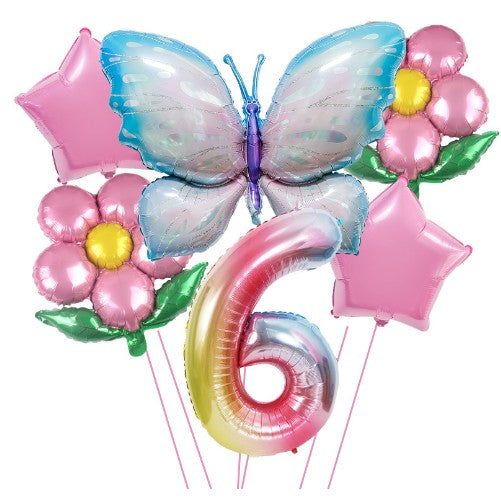 Set baloane aniversare cu numere, din folie de aluminiu, 6 piese, 2 flori, 2 stelute, 1 fluture, 1 cifra, Multicolor, Cifra 6 - vivimall.ro