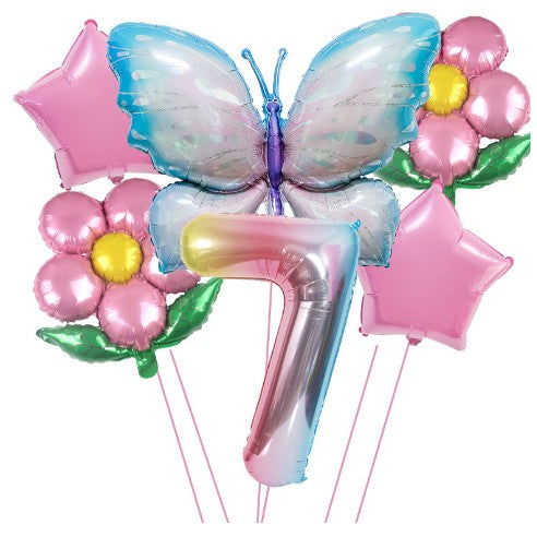 Set baloane aniversare cu numere, din folie de aluminiu, 6 piese, 2 flori, 2 stelute, 1 fluture, 1 cifra, Multicolor, Cifra 7 - vivimall.ro