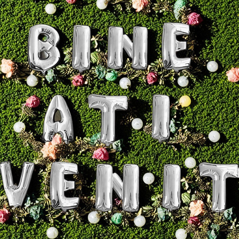 Set Baloane din Folie Metalizata, Vivimall, Figurine Litere, Model Bine Ati Venit, Tema Aniversare, 40 cm, Ambalaj Individual, Pai inclus, Umflare cu Aer sau Heliu, Argintiu - vivimall.ro