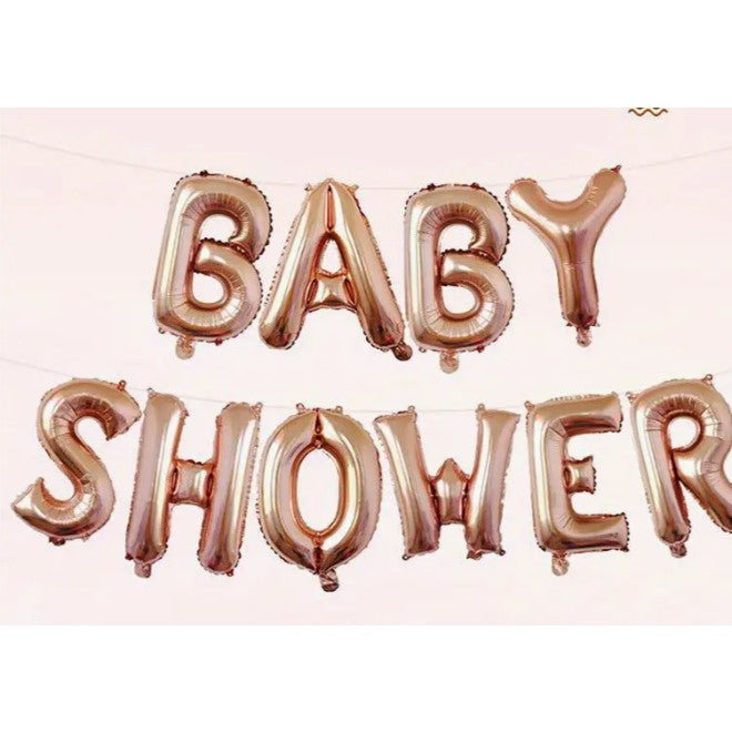 Set Baloane din Folie Metalizata, Vivimall, Model Baby Shower, Litere de 40 cm, Baloane Party, Ambalaj Individual, Pai, Ata si Adeziv Incluse, Umflare cu Aer sau Heliu, Rose Gold - vivimall.ro