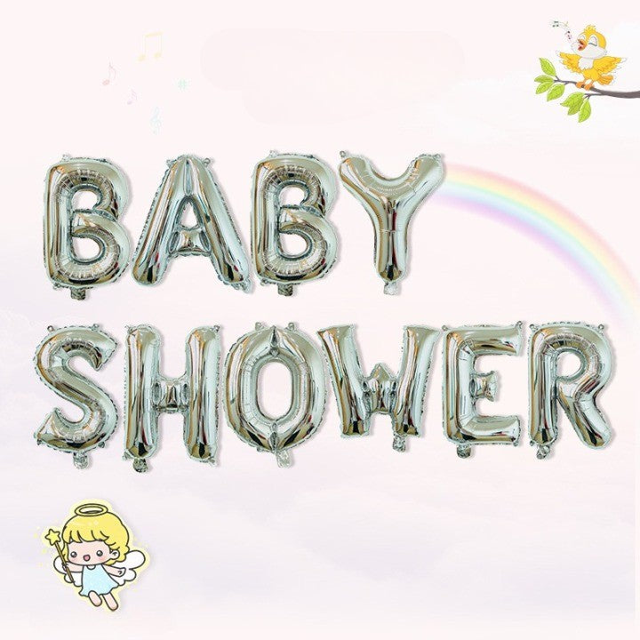 Set Baloane din Folie Metalizata, Vivimall, Model Baby Shower, Litere de 40 cm, Baloane Party, Ambalaj Individual, Pai, Ata si Adeziv Incluse, Umflare cu Aer sau Heliu, Argintiu - vivimall.ro