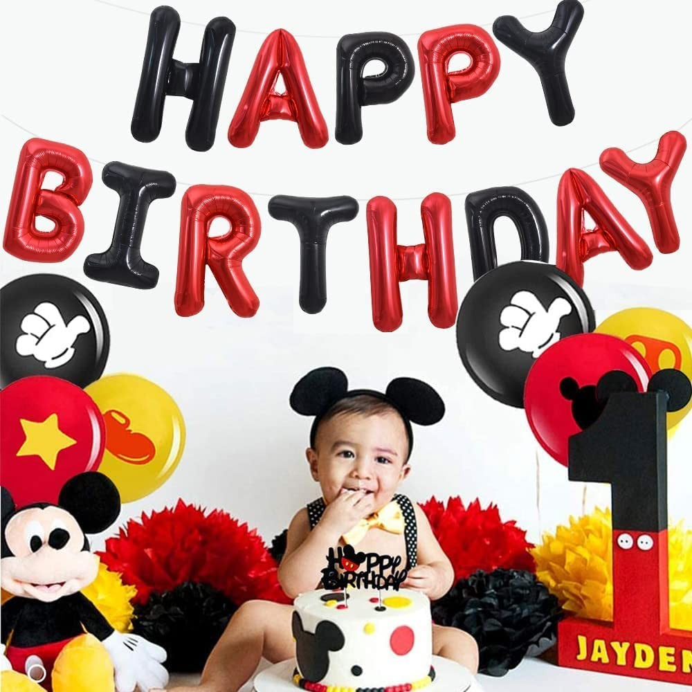 Set Baloane din Folie Metalizata, Vivimall, Model Happy Birthday, Litere de 40 cm, Baloane Party, Ambalaj Individual, Pai, Ata si Adeziv Incluse, Umflare cu Aer sau Heliu, Rosu-Negru - vivimall.ro