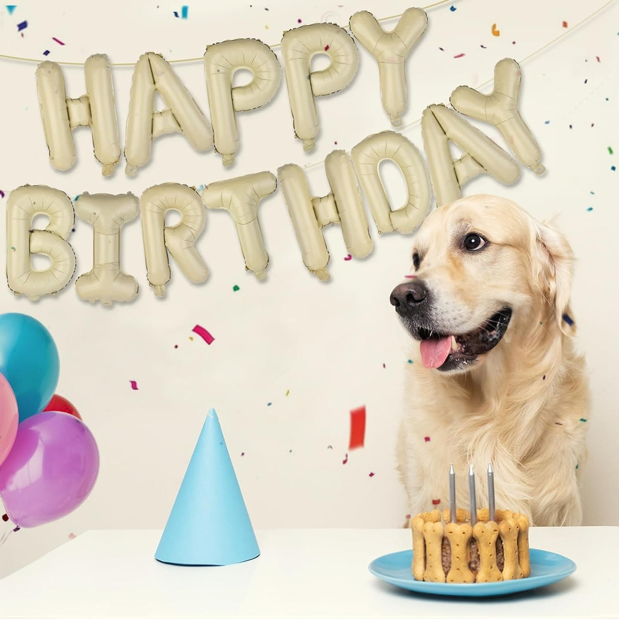 Set 25 de Baloane din Folie Metalizata si Latex, Vivimall, Figurine 2 Stele, 4 Baloane Confetti, 13 Litere, 6 Latex, Model Happy Birthday, Tema Aniversare, 40 cm, Ambalaj Individual, Pai Inclus, Umflare cu Aer sau Heliu, Bej - vivimall.ro