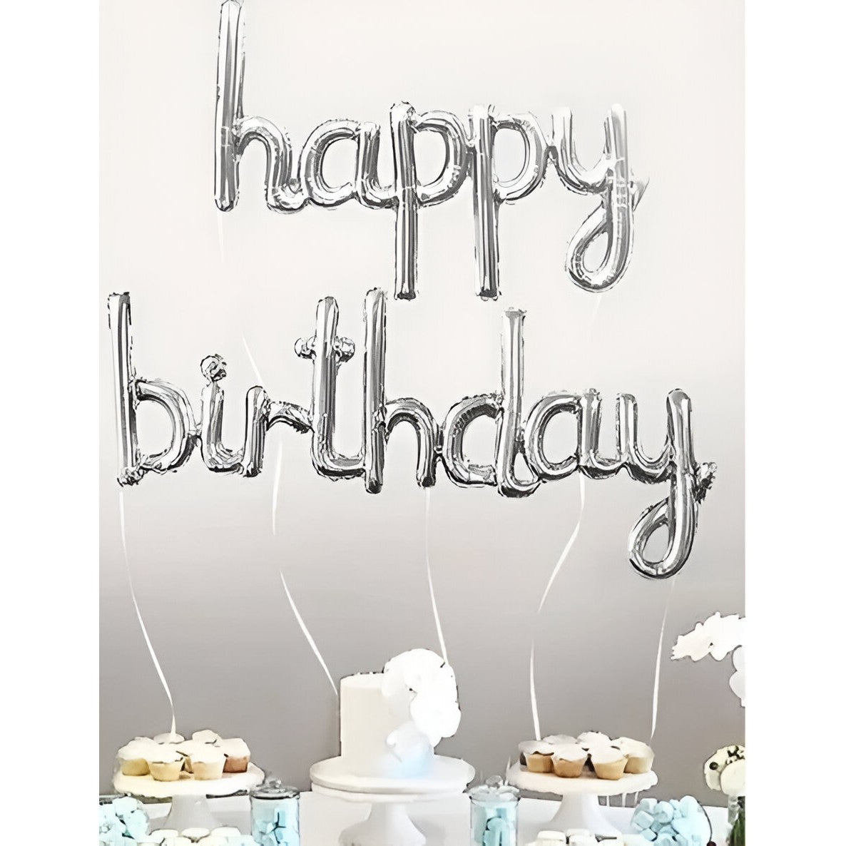 Set Baloane din Folie Metalizată, Vivimall, Model Happy Birthday, 45x85 cm, 45x124cm, Baloane Party, Ambalaj Individual, Pai inclus, Umflare cu Aer sau Heliu, Argintiu - vivimall.ro