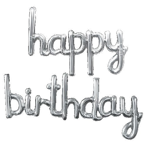 Set Baloane din Folie Metalizată, Vivimall, Model Happy Birthday, 45x85 cm, 45x124cm, Baloane Party, Ambalaj Individual, Pai inclus, Umflare cu Aer sau Heliu, Argintiu - vivimall.ro