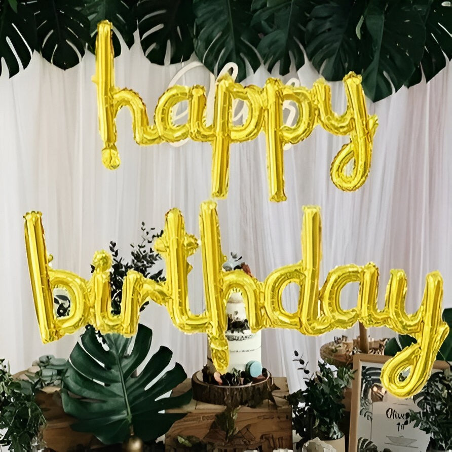 Set Baloane din Folie Metalizată, Vivimall, Model Happy Birthday, 45x85 cm, 45x124cm, Baloane Party, Ambalaj Individual, Pai inclus, Umflare cu Aer sau Heliu, Gold - vivimall.ro