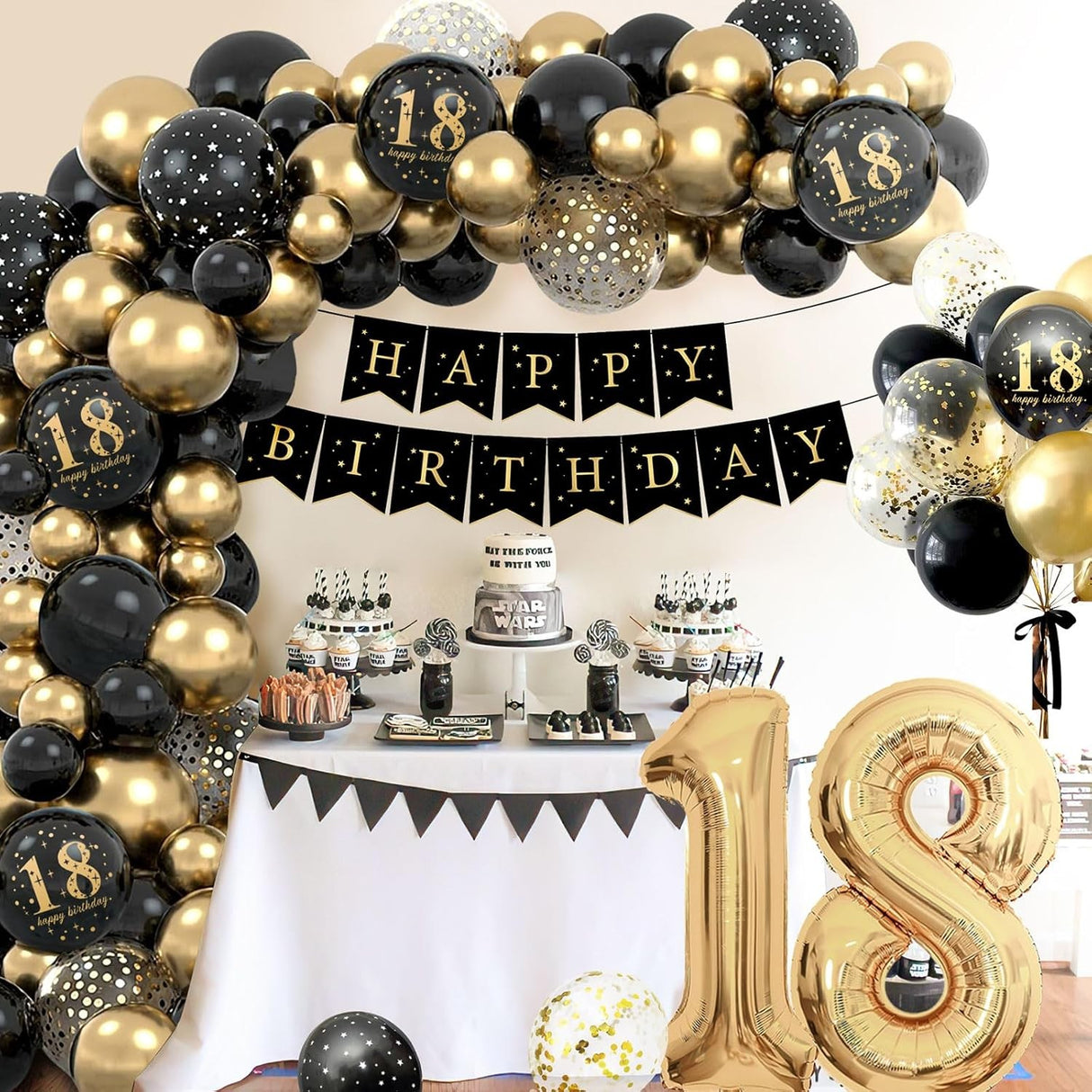 Set Baloane Folie si Latex, Vivimall, Tematica Aniversare Majorat, Baloane Latex, Figurine Cifrele 1 si 8, Ambalaj Individual, Pai Inclus, Umflare cu Aer sau Heliu, Auriu Negru - vivimall.ro