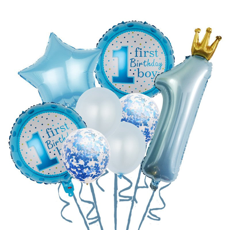 Set 8 Baloane din Folie Metalizată si din Latex, Vivimall, Figurine Cifra 1 Printesa 91cm, Stea 45 cm si Cerc 55 cm, Baloane Latex 30 cm, Tema Prima Aniversare, Ambalaj Individual, Pai Inclus, Umflare cu Aer sau Heliu, Albastru - vivimall.ro