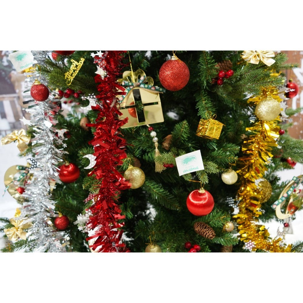 Set brad artificial de Craciun si elemente decorative, decorat cu conuri pin rosii, inaltime 210 cm, diametru 137 cm, 1172 ramuri, Flippy, verde, suport metalic inclus - vivimall.ro