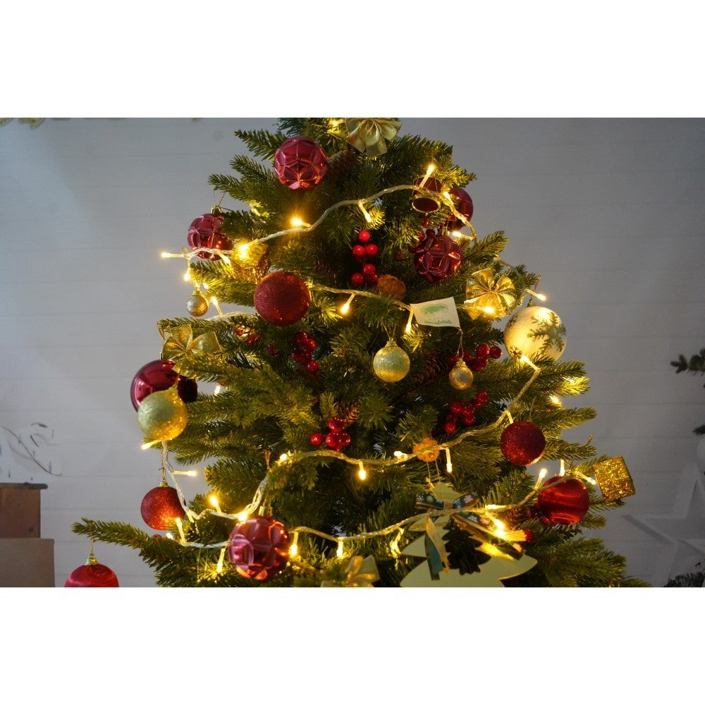 Set brad artificial de Craciun si elemente decorative, decorat cu conuri pin rosii, inaltime 210 cm, diametru 137 cm, 1172 ramuri, Flippy, verde, suport metalic inclus - vivimall.ro